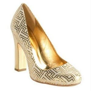 TORY BURCH Colin Pumps T Logo Metallic Gold Heel Size 5.5